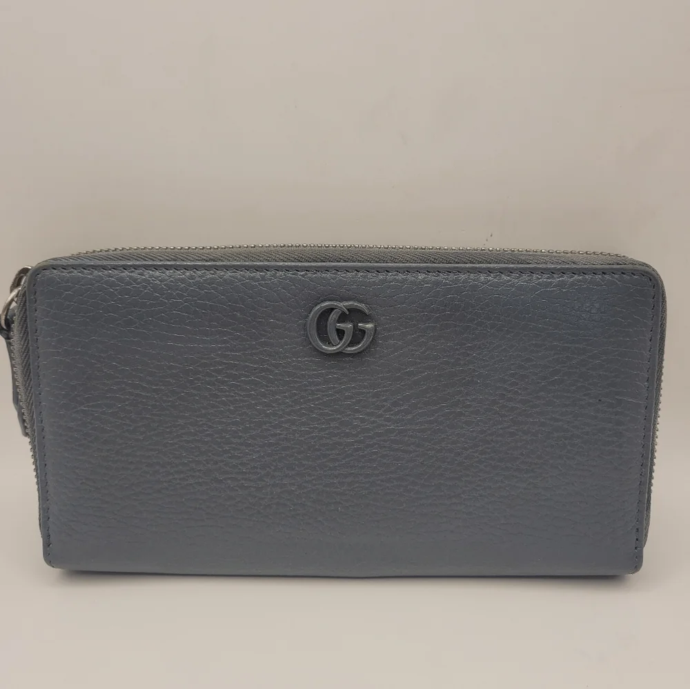 Gucci Dollar Calfskin Monochrome GG Marmont Zip Around Wallet Deep Grey NWT